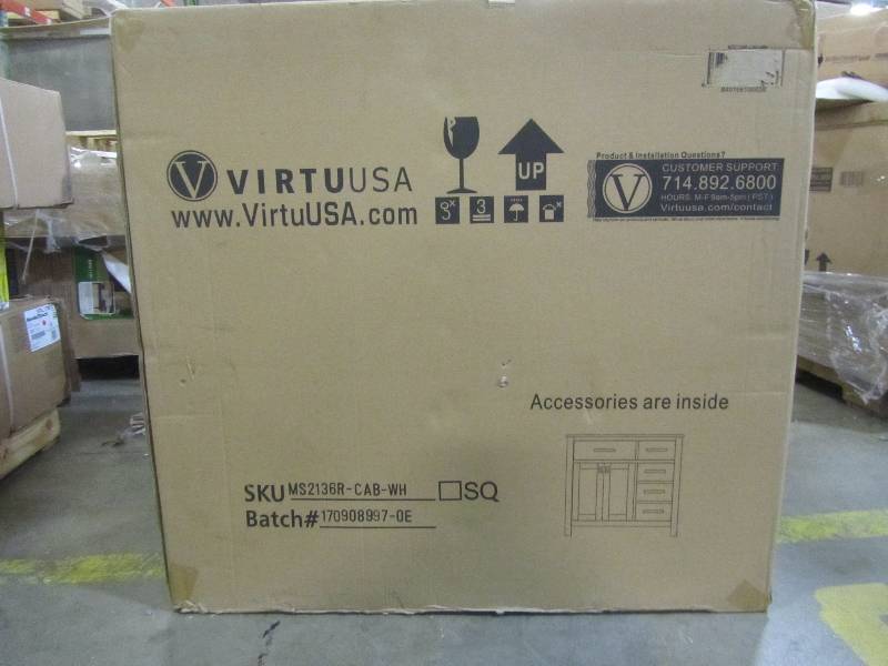 lot 16 image: Virtu USA Caroline Parkway 35.2 in. W x 21.65 in. D x 33.46 in. H Vanity Cabinet in white comes with top and mirror