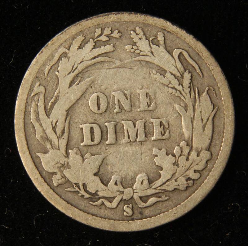 1896-S BARBER SILVER DIME GOOD