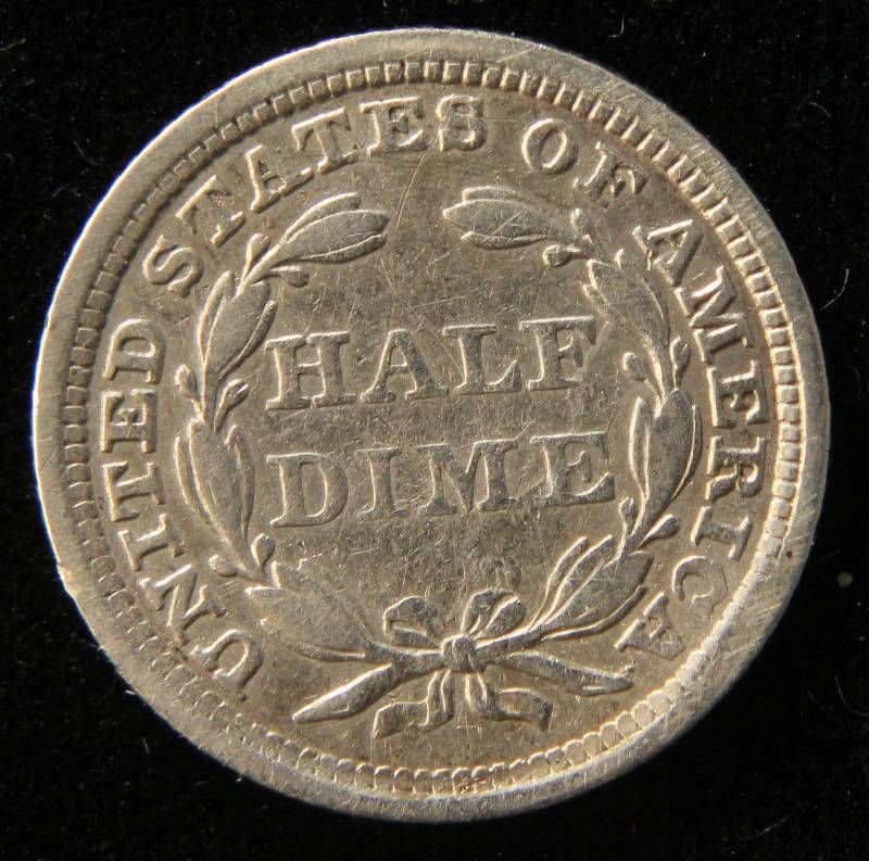 1858 US SEATED LIBERTY SILVER HALF DIME VF