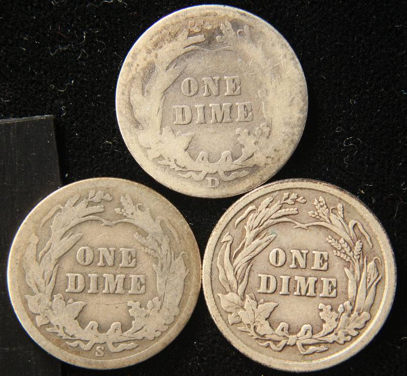 GROUP OF 3 BARBER DIMES 1909-D, 1911-S, 1913