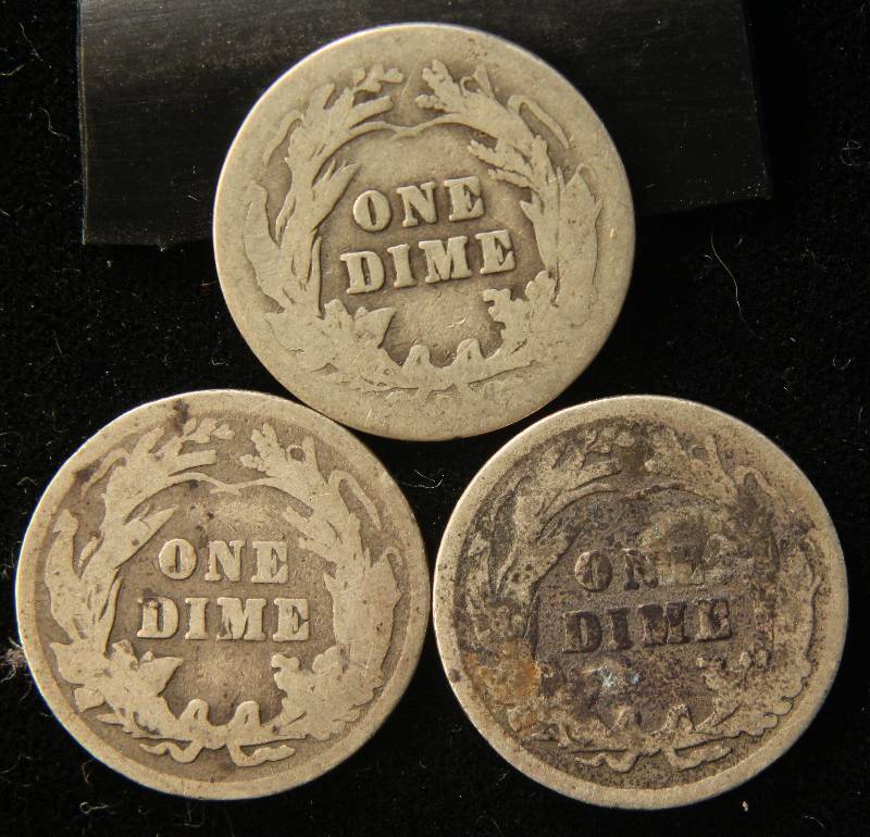3 SILVER BARBER DIMES 1901-O, 1902, 1904