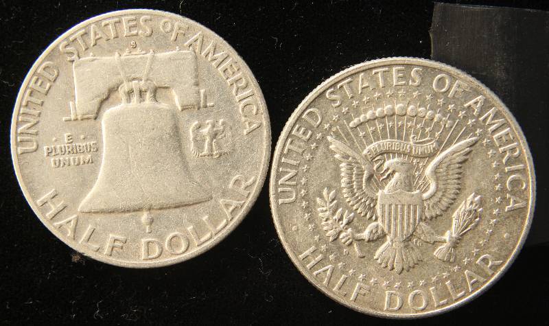2 SILVER HALF DOLLARS 1952-S FRANKLIN, 1964-D KENNEDY