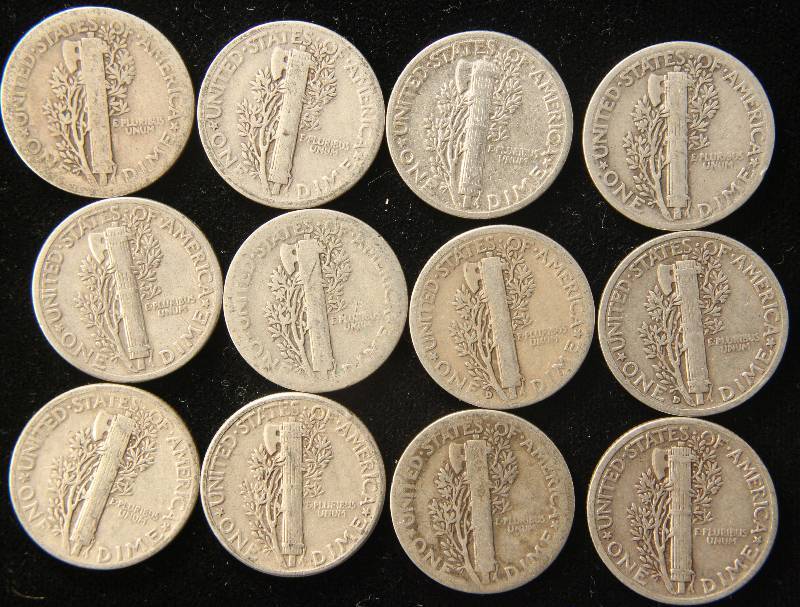GROUP OF 12 US MERCURY SILVER DIMES