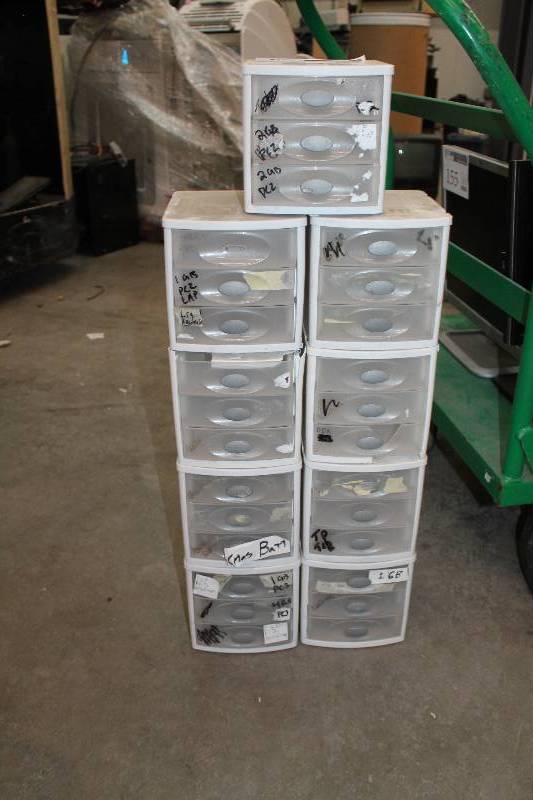 lot 173 image: Lot of (9) 3-Drawer Plastic Storage Containers