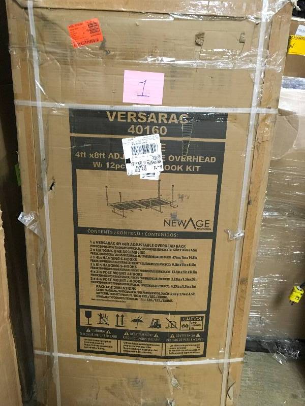 lot 1 image: NewAge Versarac 96in. L x 48in. W x 42in. H. Adjustable Ceiling Rack with Hooks in White new