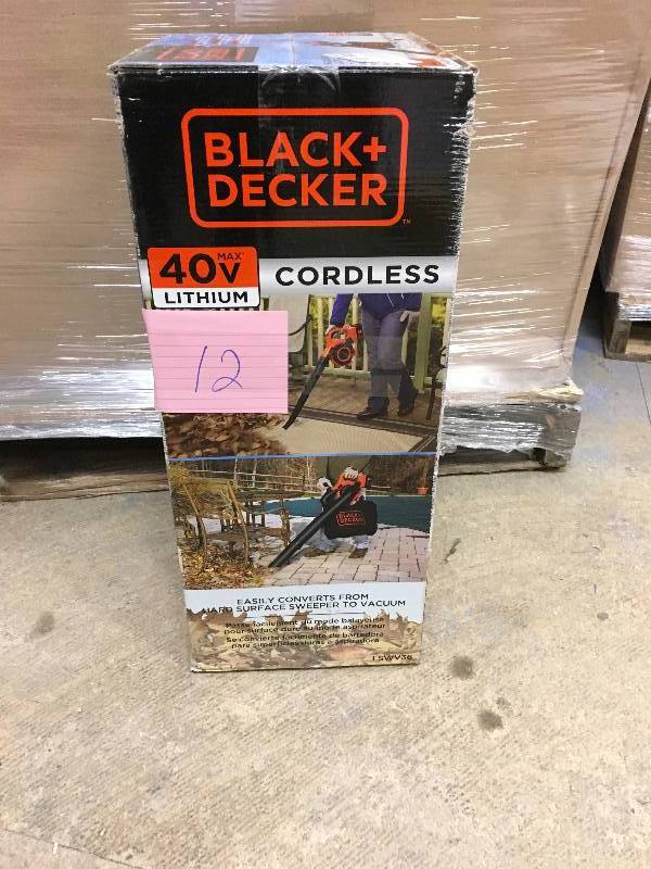 lot 12 image: Black & Decker 120 MPH 90 CFM 40-Volt MAX Lithium - Ion Cordless Handheld Leaf Sweeper Vacuum with 1.5AH Battery and Charger in like new condition