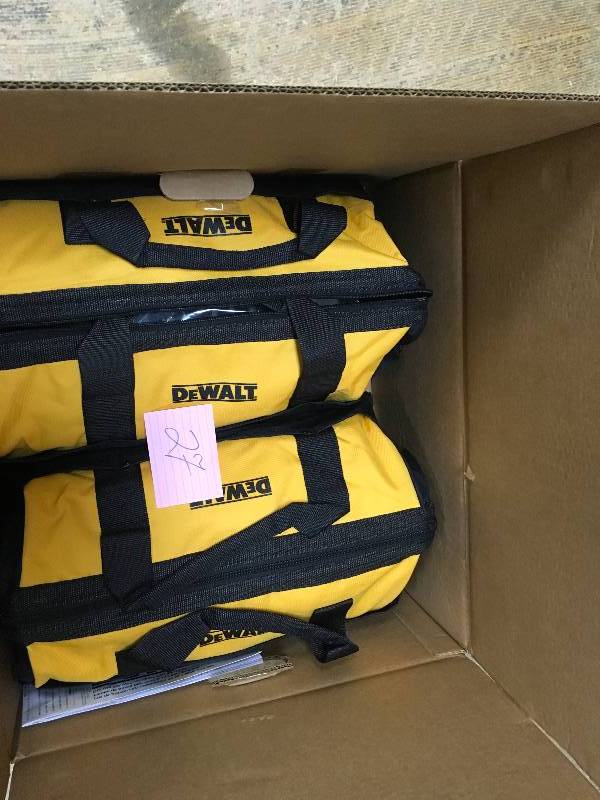 lot 27 image: DeWalt 20-Volt MAX Lithium-Ion Cordless Combo Kit (9 Tool ) with 2 Batteries 2Ah, Charger and 2 contractor Bags not used