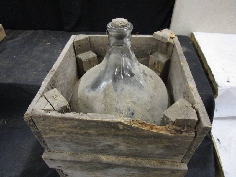 lot 128 image: Vintage Jug 22 High in Wood Crate - 17 Ht 13.5 Wide