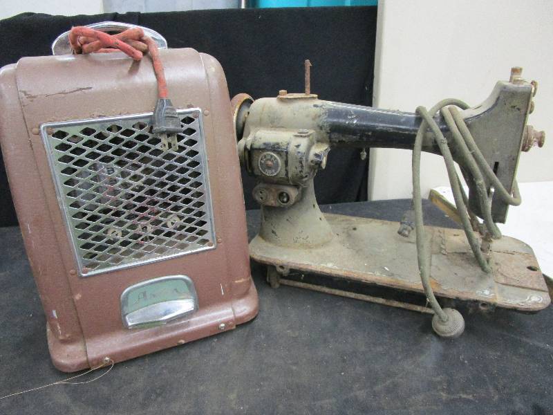 lot 150 image: Heater and Old Sewing Machine