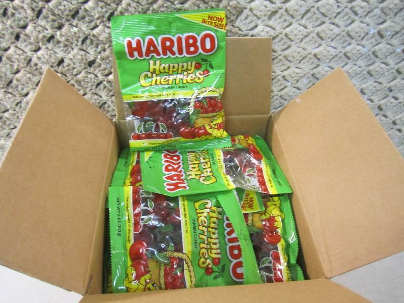 lot 122 image: Box of 12 Bags Haribo Happy Cherrie...
