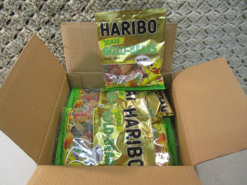lot 123 image: Box of 12 Bags Haribo Sour Gold Bea...
