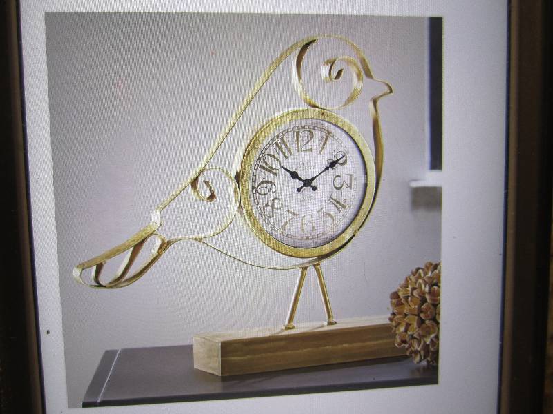 lot 231 image: Metal Bird Clock on Wood Base Open ...