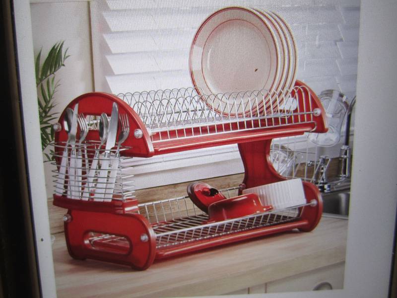 lot 233 image: 2 Tier Dish Drying Rack Red Open Bo...