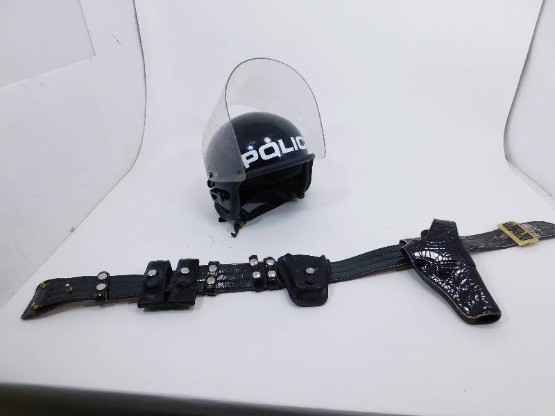 lot 12 image: Vintage Police issue Helmet and Belt