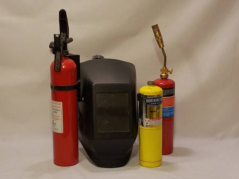 WELDING MASK, TORCH, FIRE EXTINGUISHER