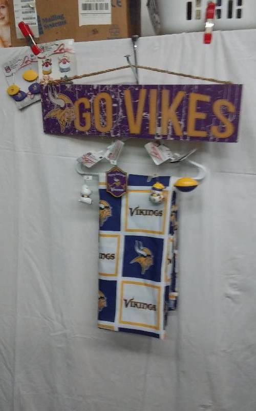 lot 24 image: Vikings Shower Curtain, Go Vikes Sign, Assorted New Ornaments