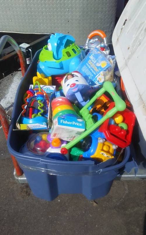 lot 60 image: Tote Bin Full Of Toddler Toys (Many Are New) Busy Boxes, Cause & Effect & More