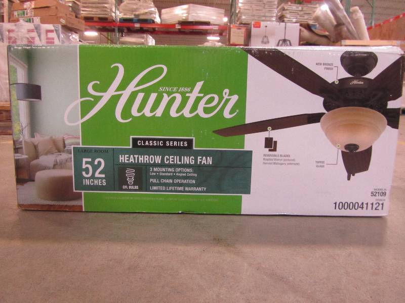 lot 58 image: Hunter Heathrow 52 in. Indoor New Bronze Ceiling Fan with Light Kit