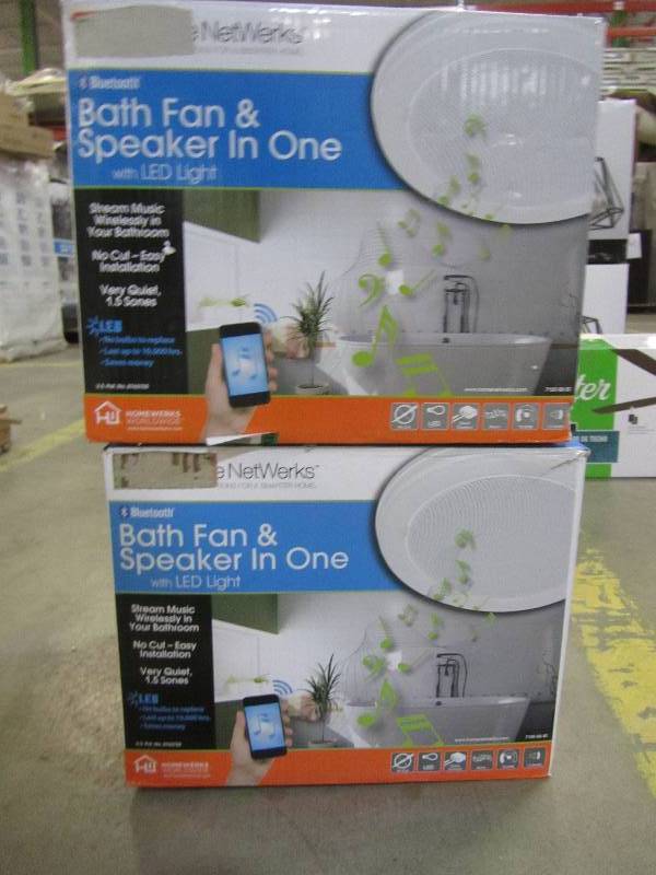lot 62 image: Homewerks Worldwide Decorative White 70 CFM Bluetooth Stereo Speaker Exhaust Bath Fan with LED Light (x2)