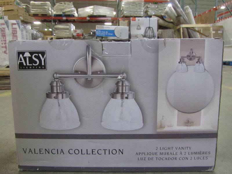 lot 63 image: 2-Light Brushed Nickel Vanity Bath Light with Glass Shades