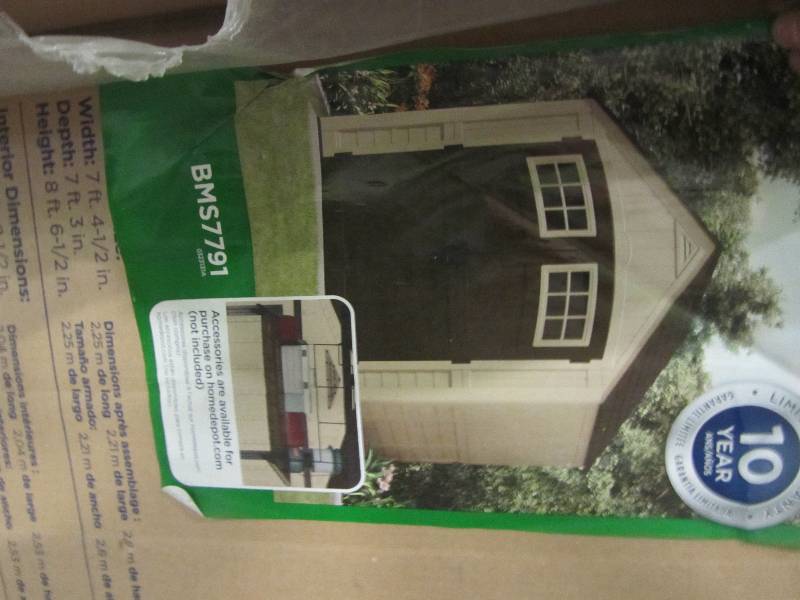 lot 79 image: Suncast Sutton 7 ft. 3 in. x 7 ft. 4.5 in. Resin Storage Shed