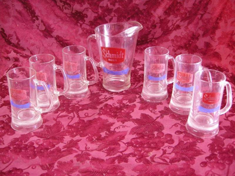 lot 69 image: Vintage Schmidt Beer Pitcher and Glasses