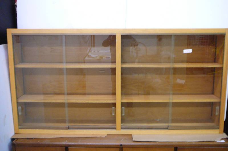 lot 103 image: Oak Display Cabinet with glass doors and shelves 72 wide x 36 high x 10 deep