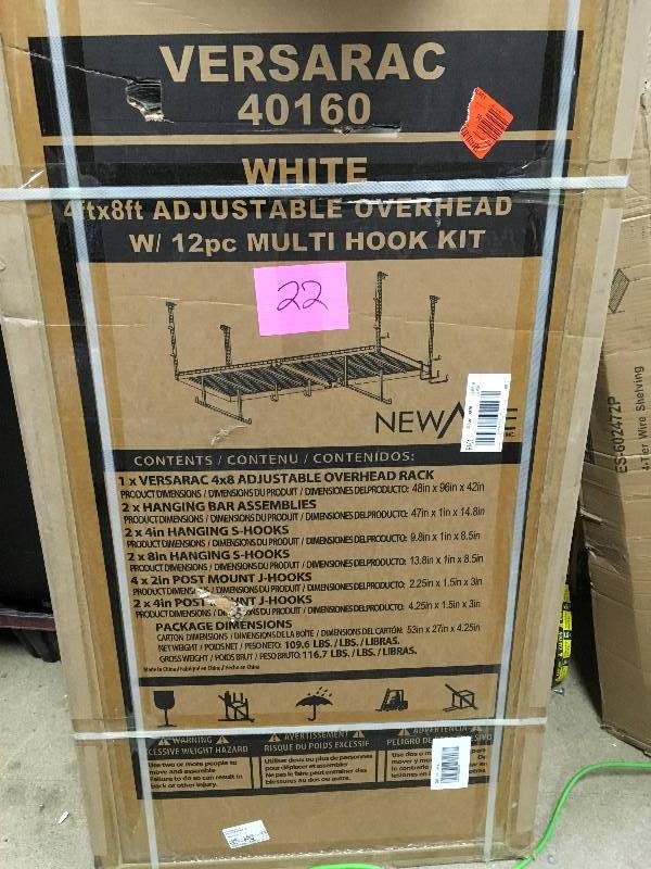 Versarach White 4 ft x 8 ft Adjustable Overhead Rack with 12 pcs Multi Hook Kit Open  box never used
