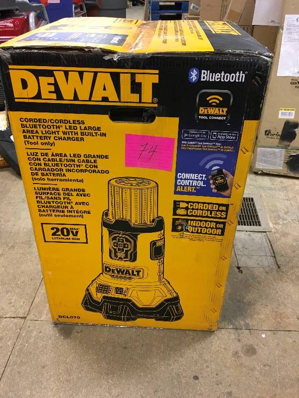 DeWalt CordedCordless Bluetooth LED Large Area Light with Built In Battery Charger Open  box never used