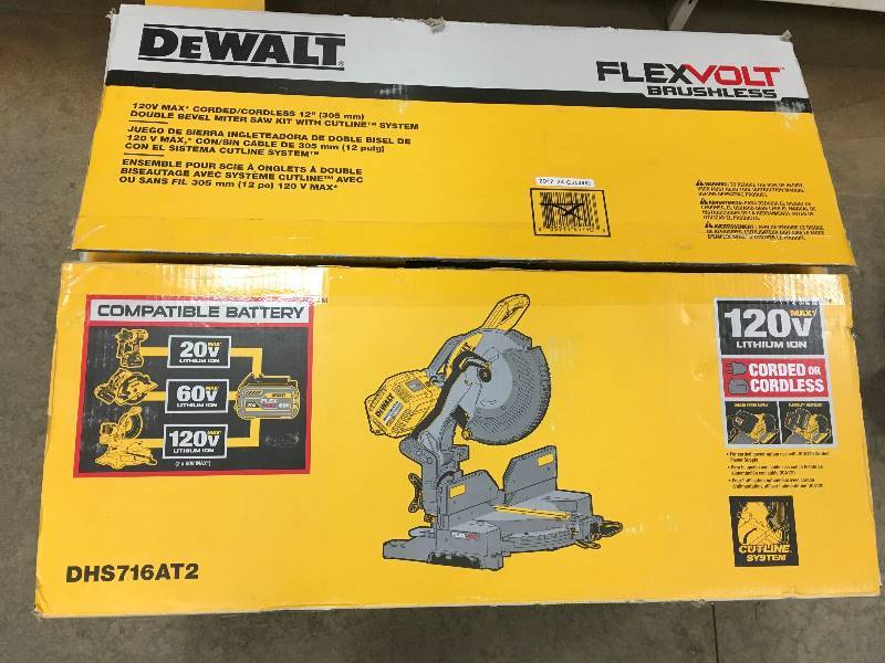 DeWalt FLEXVOLT Brushless 120 Volt MAX CordedCordless 12 Double Bevel Miter Saw Kit with Cutline System Open  box never used