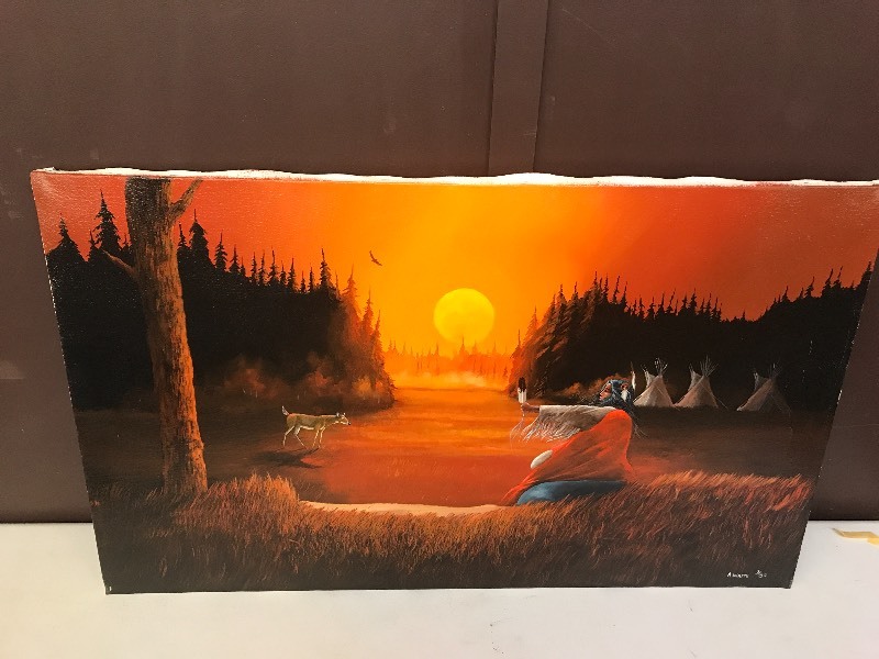 lot 202 image: WOMAN AT SUNSET NATIVE AMERICAN ORIGINAL PAINTING