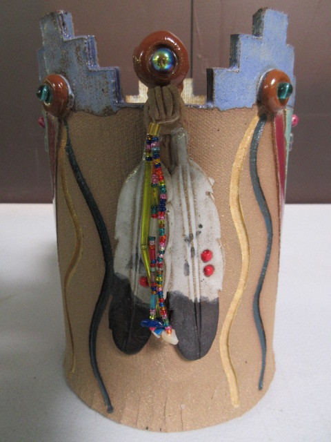 lot 369 image: 1995 HAND DECORATED AND CARVED CERAMIC VASE BY ARTIST FLOE