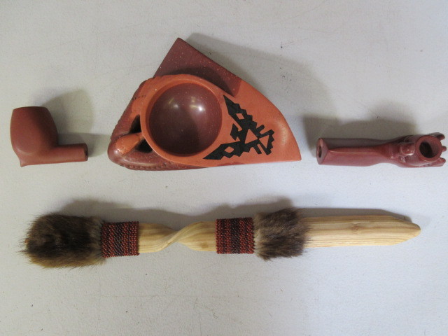 lot 415 image: PIPESTONE PEACE PIPE, PIPE BOWL AND INCENSE BURNER