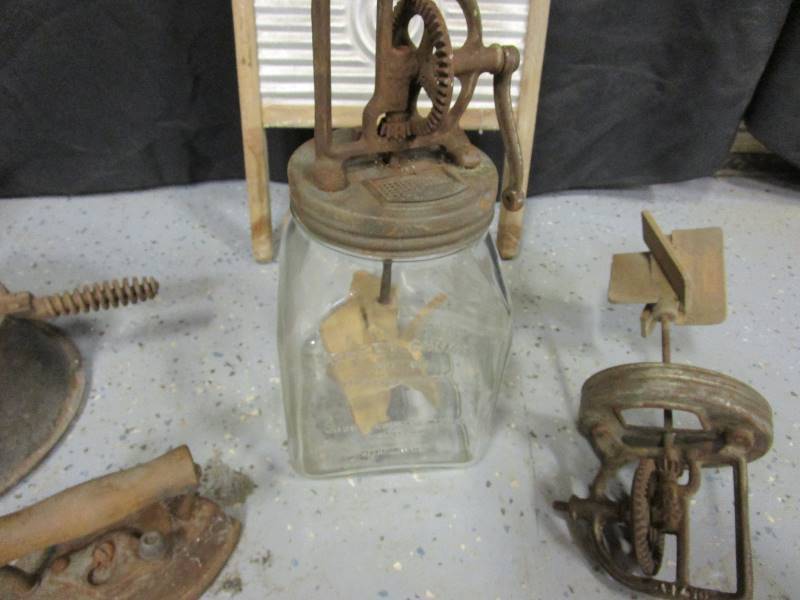 lot 94 image: Vintage Butter Churns, Waffle Iron, Washboard