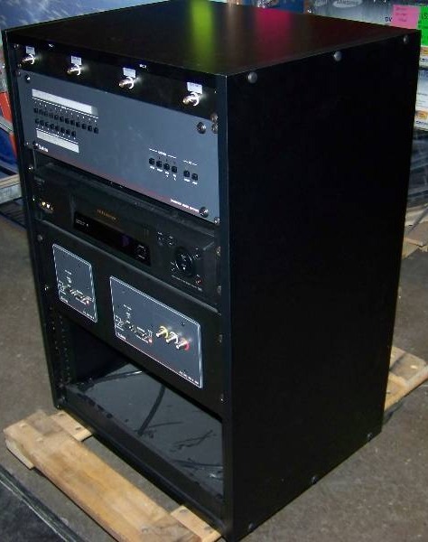 lot 148 image: Wood Encased, Audio  Video Equipment  Component Rack with various Components included