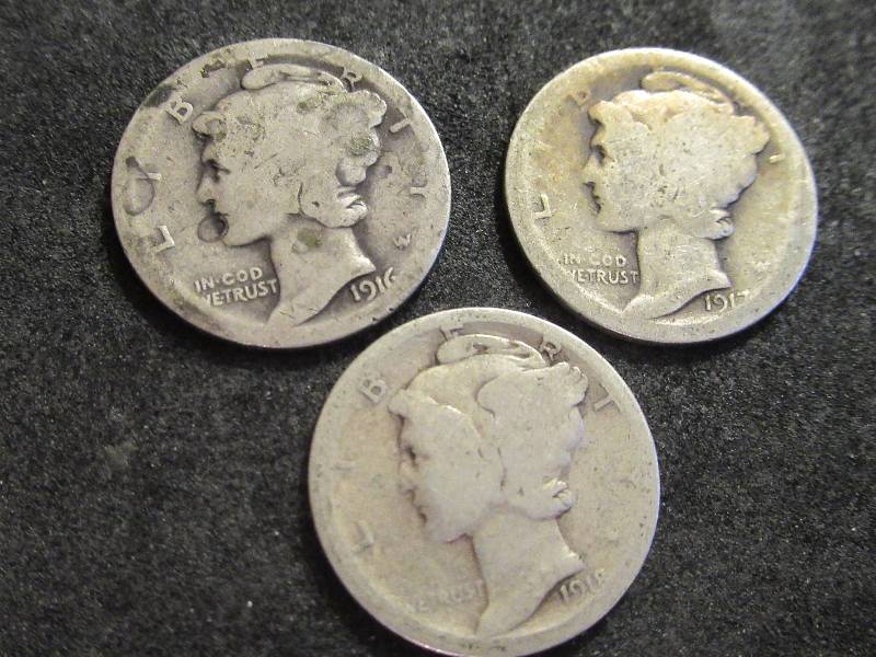 1916, 1917, 1918 S Mercury Dimes