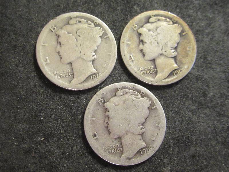 1916 S, 1917 D, 1918 S Mercury Dimes