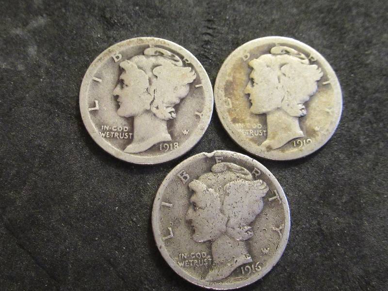 1916, 1918 S, 1919 D Mercury Dimes