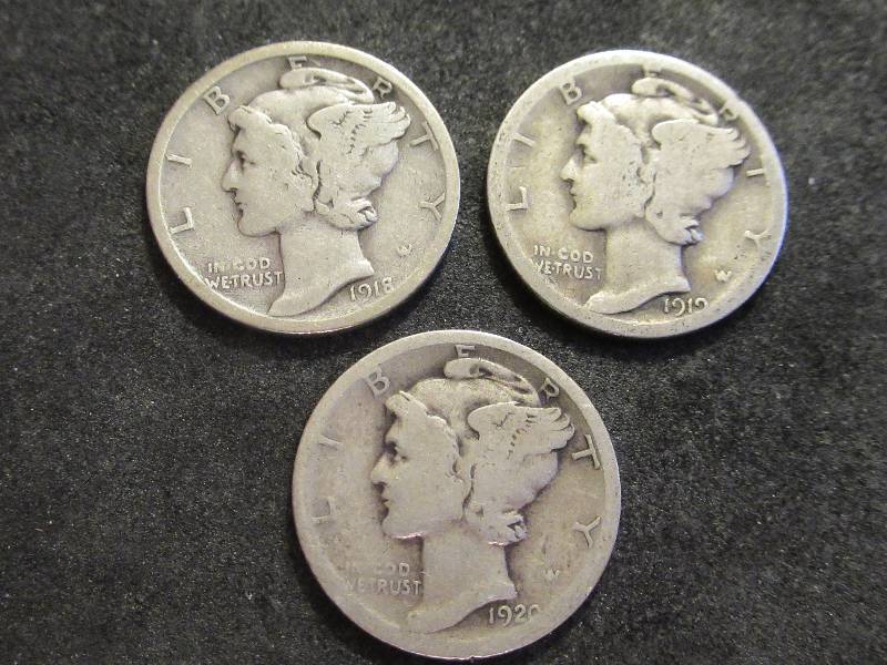 1918 D, 1919 S, 1920 Mercury Dimes