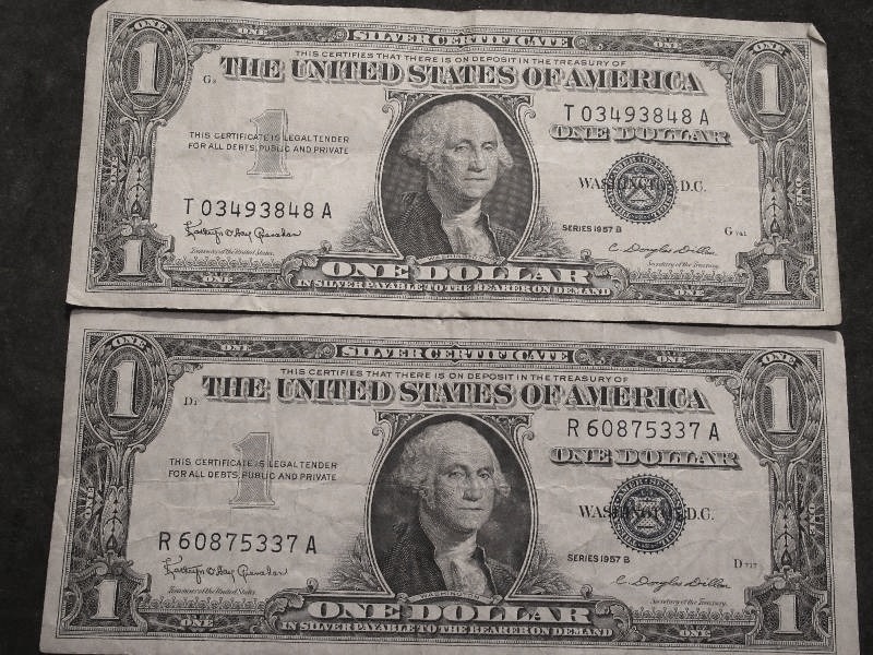 2 One Dollar Silver Certificates Series 1957B