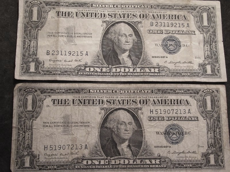 2 One Dollar Silver Certificates Series 1957A