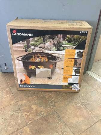 lot 37 image: New, in box Landmann Fire Dance Bear and Paw Fire Pit, 30-Inch, Metallic Brown