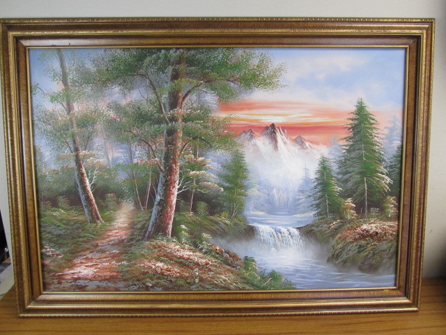 lot 111 image: Very Nice Framed Signed Oil on Canvas Landscape Waterfall Painting