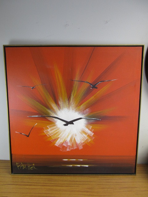 lot 112 image: Framed Signed Vintage Birds in Flight Sunset Oil on Canvas Painting