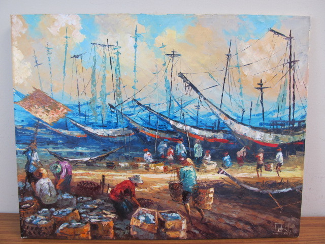 lot 113 image: Vintage Signed Mid Century Oil on Canvas Harbor Scene