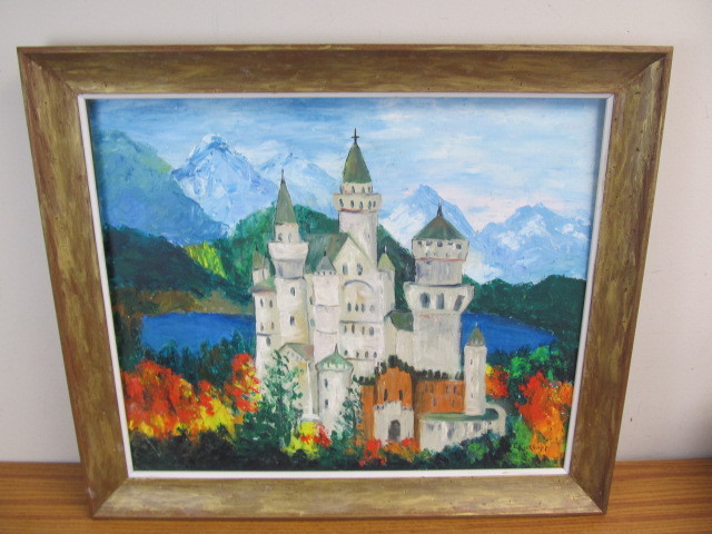 lot 114 image: Vintage Framed Oil on Board Castle Painting