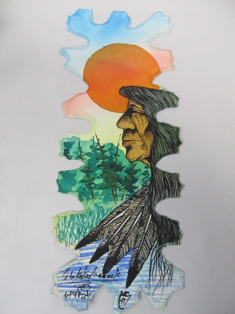 lot 55 image: Original Signed John Kaykaygeesick Native American Watercolor & Ink Painting