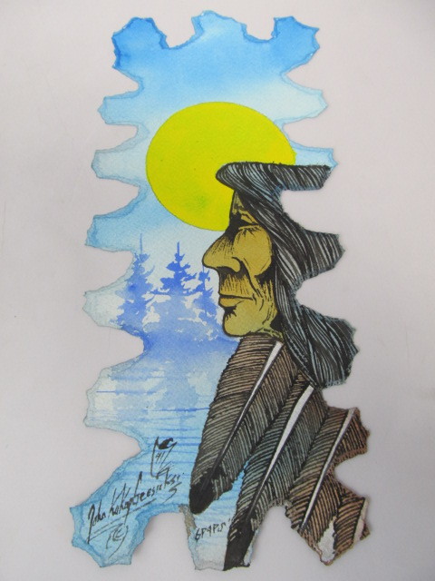 lot 58 image: Original Signed John Kaykaygeesick Sr. Native American Watercolor & Ink Painting