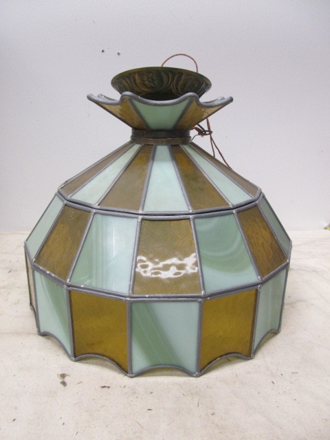 lot 80 image: Vintage Blue & Orange Slag Glass Hanging Parlor Lamp