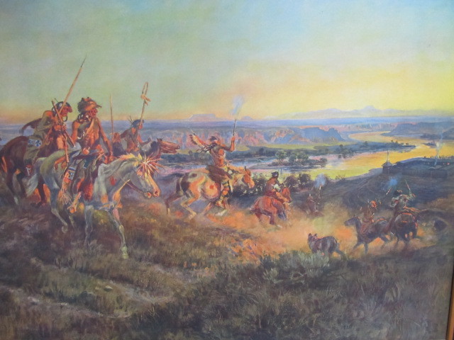 lot 151 image: Large Vintage Charles M. Russell Framed Print Salute of the Robe Trade